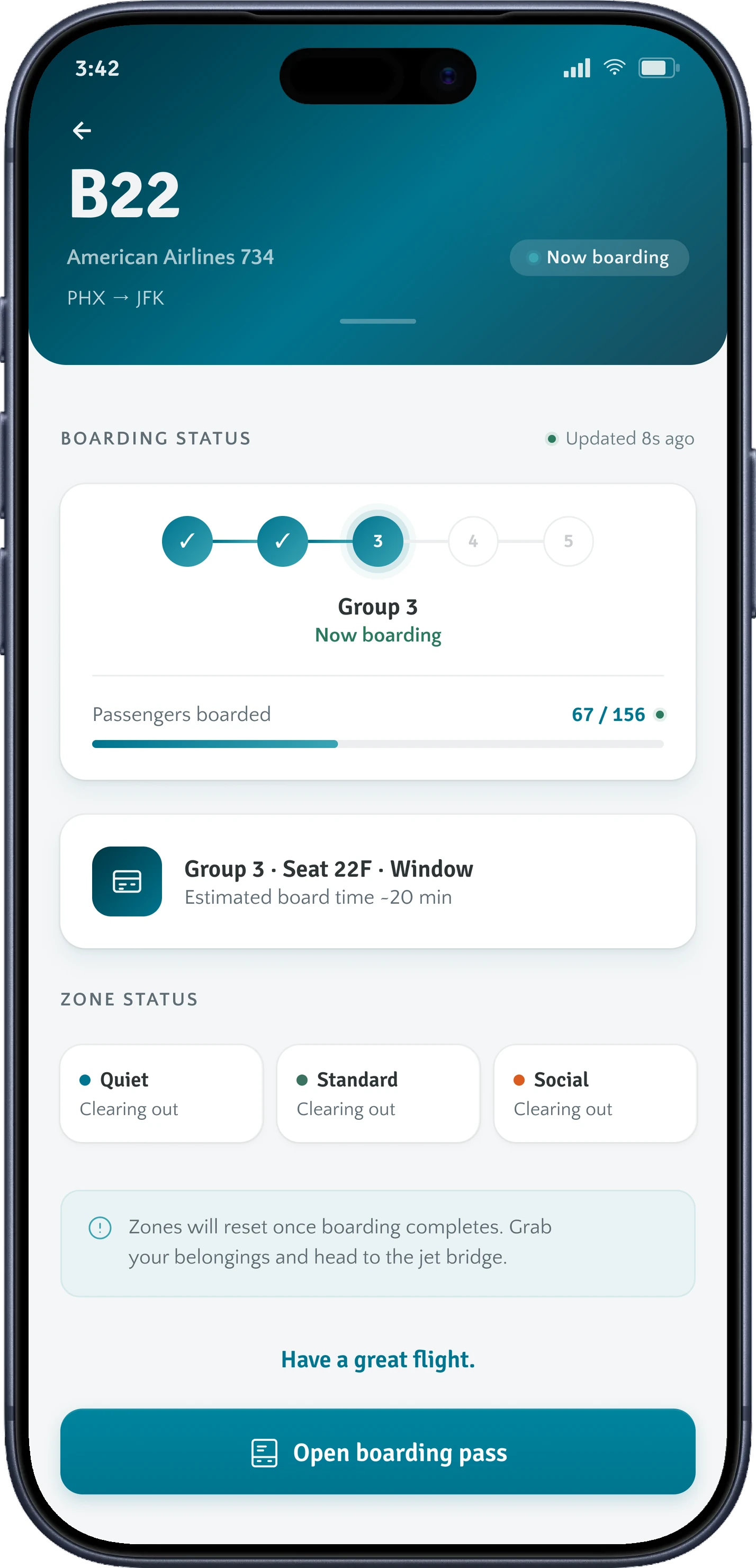 Boarding status for gate B22: group 3 boarding, 67 of 156 passengers on board, all three zones clearing out